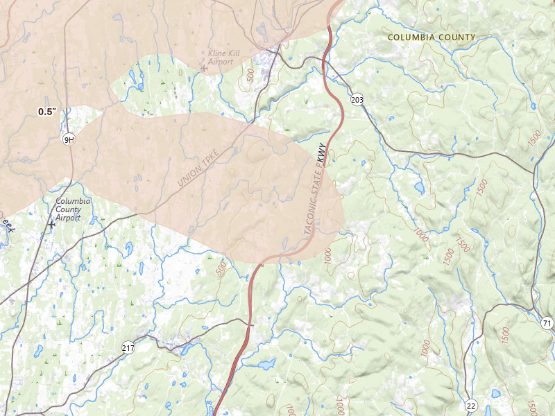 Radar-estimated hail-size map of the storm over Ghent, NY on Jul 2, 2026