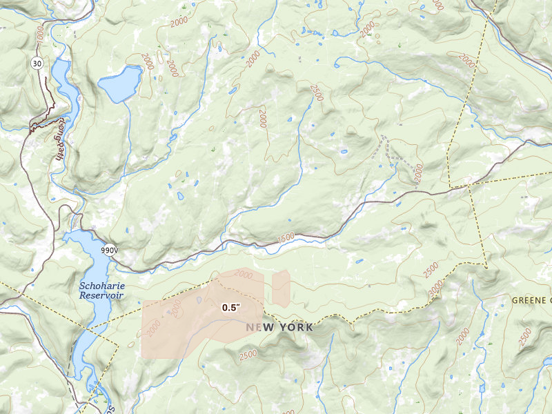 Radar-estimated hail-size map of the storm over Gilboa, NY on Jul 8, 2026