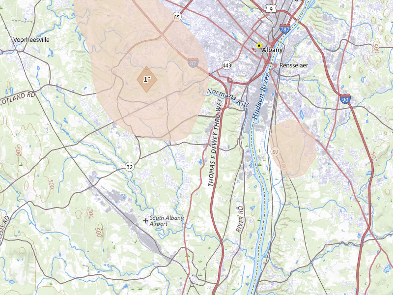 Radar-estimated hail-size map of the storm over Glenmont, NY on Jul 1, 2026