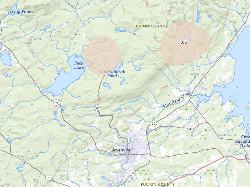 Radar-estimated hail-size map of the storm over Gloversville, NY on Apr 16, 2026