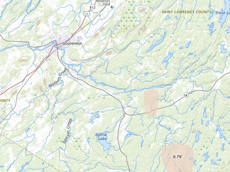 Radar-estimated hail-size map of the storm over Gouverneur, NY on Apr 1, 2026
