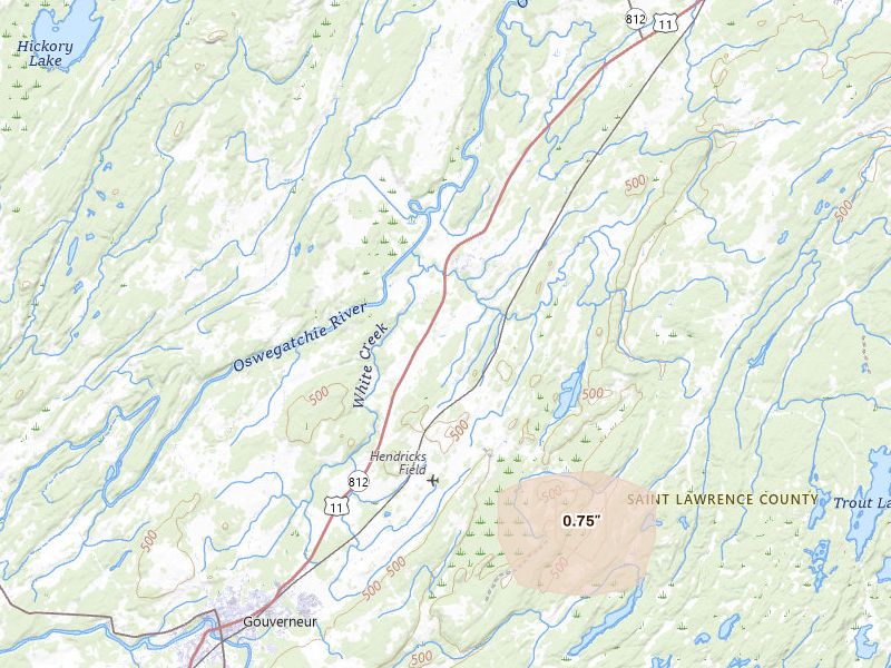 Radar-estimated hail-size map of the storm over Gouverneur, NY on Apr 3, 2026