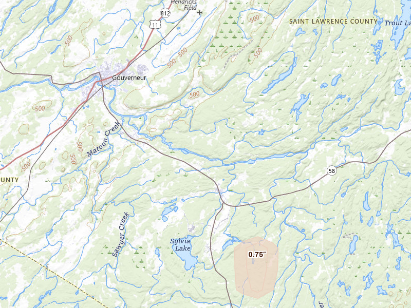 Radar-estimated hail-size map of the storm over Gouverneur, NY on Apr 21, 2026