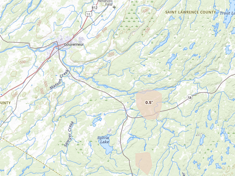 Radar-estimated hail-size map of the storm over Gouverneur, NY on Apr 25, 2026
