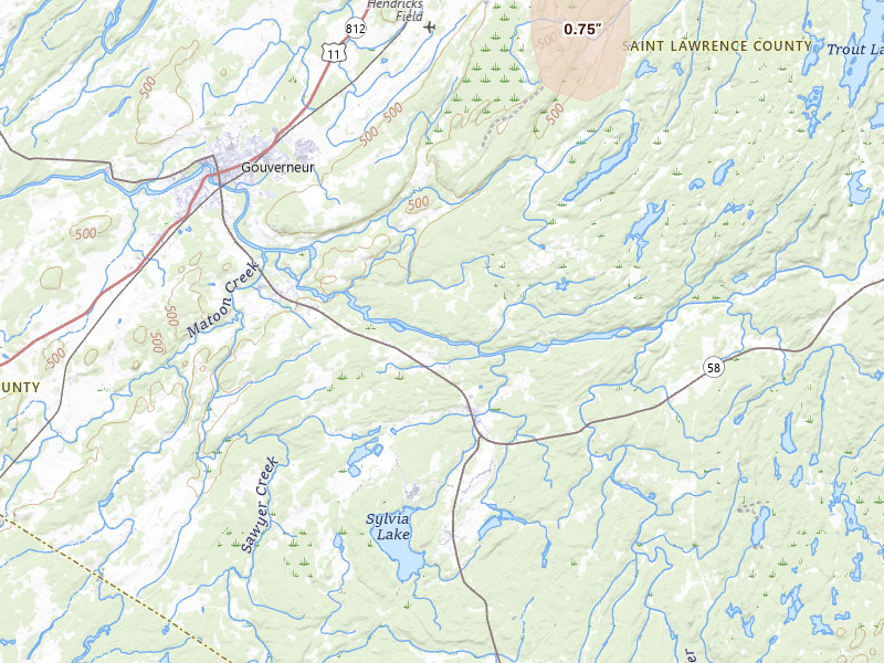 Radar-estimated hail-size map of the storm over Gouverneur, NY on May 5, 2026