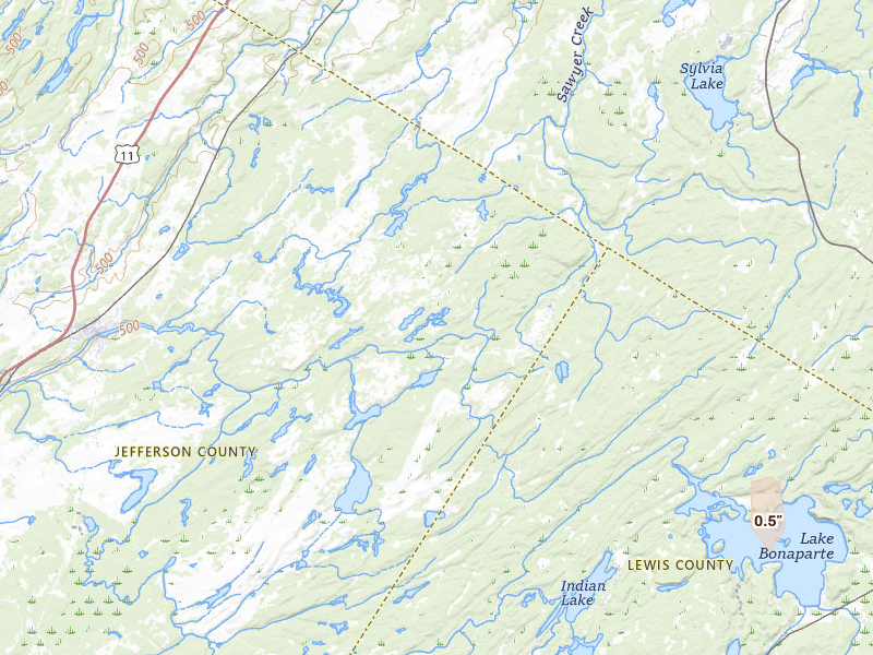 Radar-estimated hail-size map of the storm over Gouverneur, NY on Jul 4, 2026