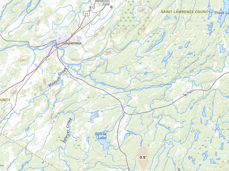 Radar-estimated hail-size map of the storm over Gouverneur, NY on Jul 6, 2026