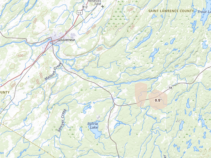 Radar-estimated hail-size map of the storm over Gouverneur, NY on Aug 31, 2026
