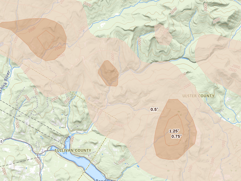 Radar-estimated hail-size map of the storm over Grahamsville, NY on Jul 4, 2026