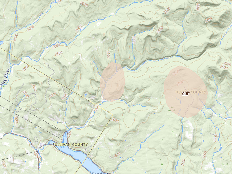 Radar-estimated hail-size map of the storm over Grahamsville, NY on Jul 18, 2026