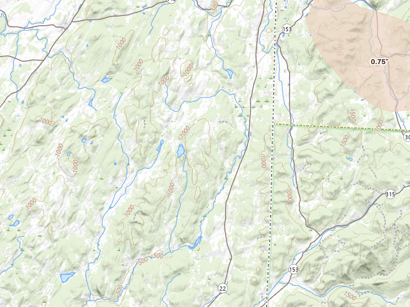 Radar-estimated hail-size map of the storm over Granville, NY on Jul 1, 2026