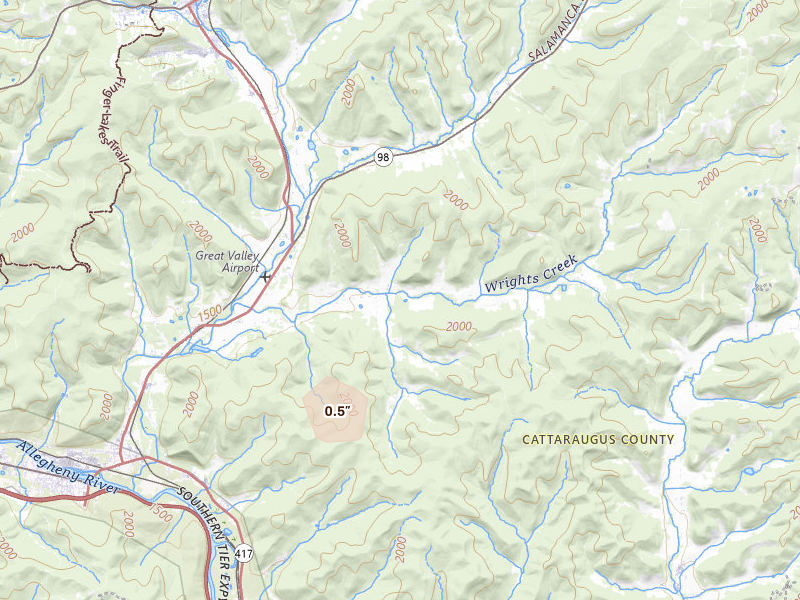 Radar-estimated hail-size map of the storm over Great Valley, NY on Apr 15, 2026