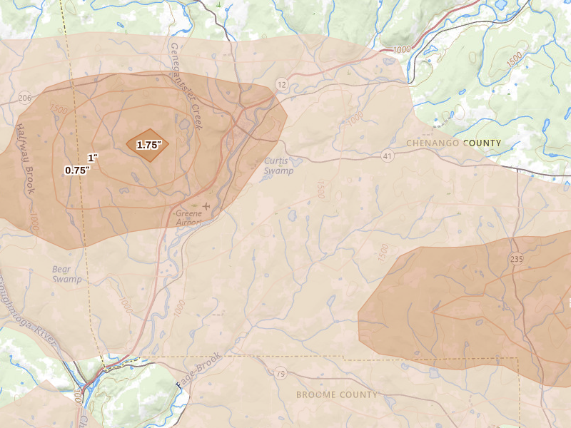 Radar-estimated hail-size map of the storm over Greene, NY on Mar 31, 2026