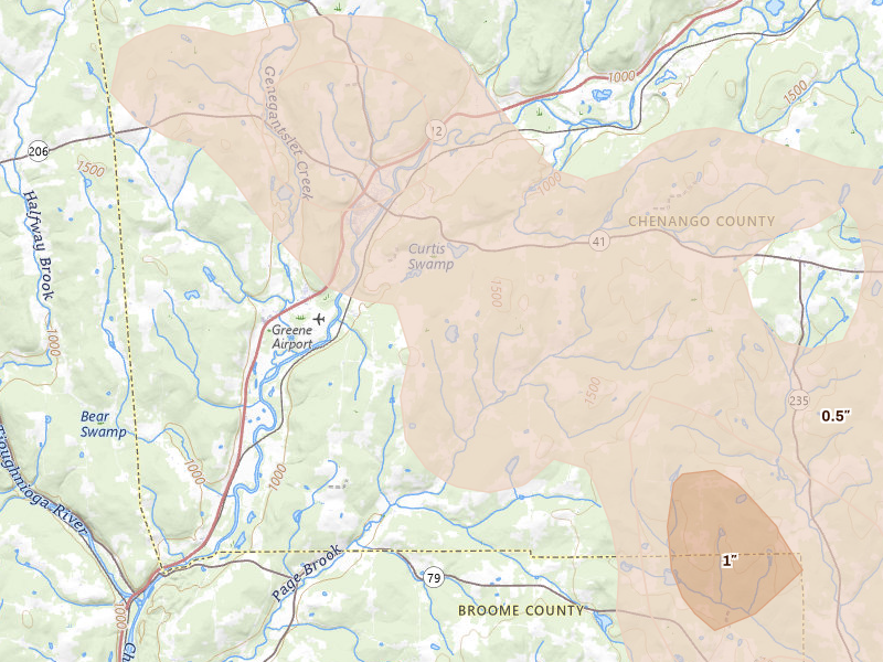 Radar-estimated hail-size map of the storm over Greene, NY on Jul 18, 2026