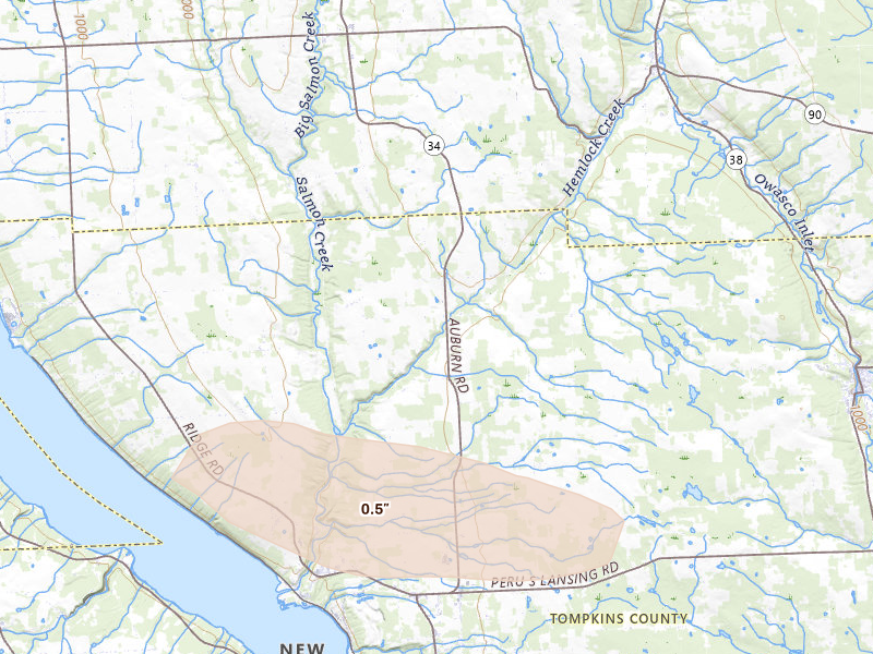 Radar-estimated hail-size map of the storm over Groton, NY on Jul 1, 2026
