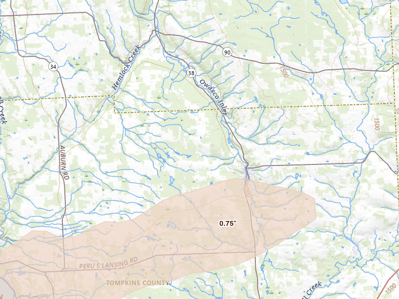 Radar-estimated hail-size map of the storm over Groton, NY on Aug 27, 2026