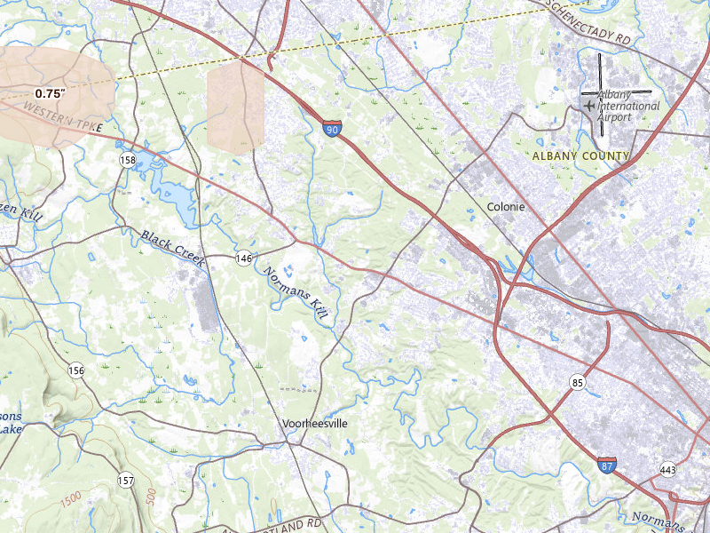 Radar-estimated hail-size map of the storm over Guilderland, NY on Jul 8, 2026