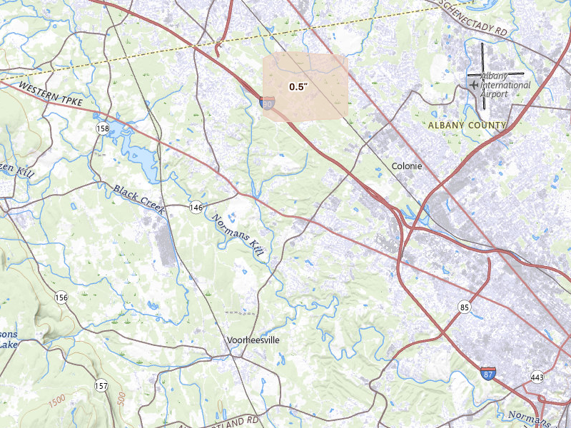 Radar-estimated hail-size map of the storm over Guilderland, NY on Jul 30, 2026