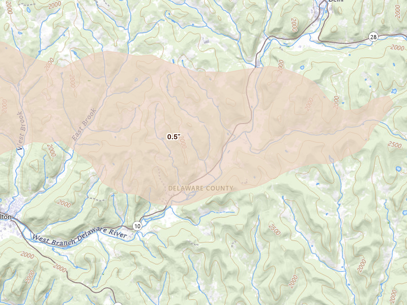 Radar-estimated hail-size map of the storm over Hamden, NY on Mar 31, 2026