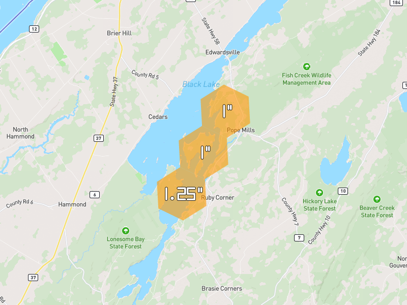 Hail map of Hammond, NY on Jul 2, 2026, hail up to 1.25"