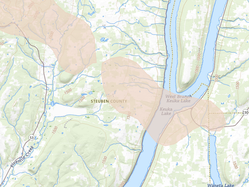 Radar-estimated hail-size map of the storm over Hammondsport, NY on Aug 12, 2026