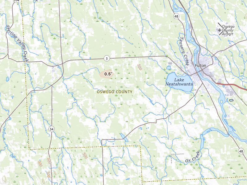 Radar-estimated hail-size map of the storm over Hannibal, NY on Jun 16, 2026