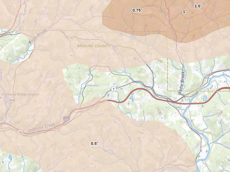 Radar-estimated hail-size map of the storm over Harpursville, NY on Mar 31, 2026