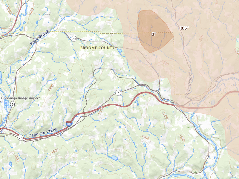 Radar-estimated hail-size map of the storm over Harpursville, NY on Jul 18, 2026