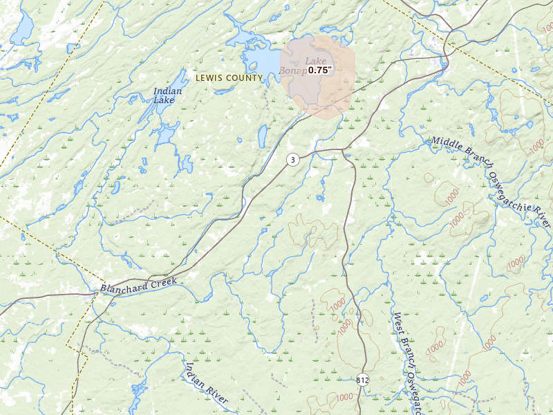 Radar-estimated hail-size map of the storm over Harrisville, NY on Jan 28, 2026