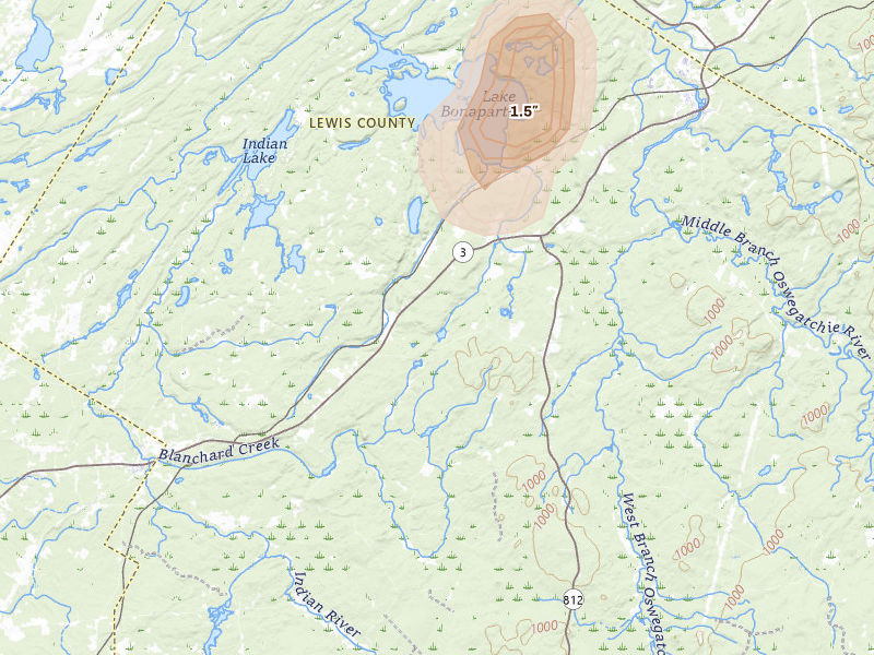 Radar-estimated hail-size map of the storm over Harrisville, NY on May 1, 2026