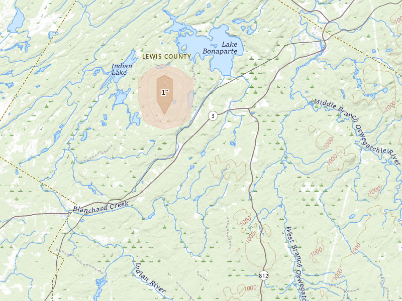 Radar-estimated hail-size map of the storm over Harrisville, NY on May 9, 2026