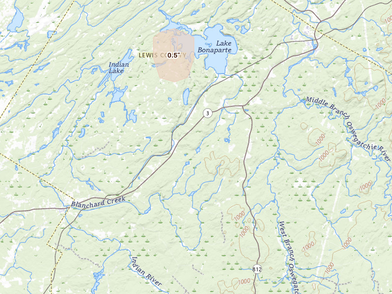 Radar-estimated hail-size map of the storm over Harrisville, NY on May 13, 2026