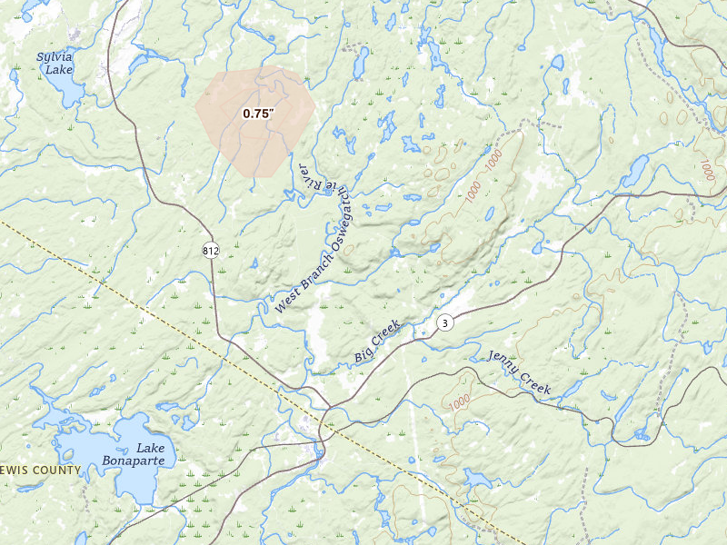 Radar-estimated hail-size map of the storm over Harrisville, NY on Aug 6, 2026