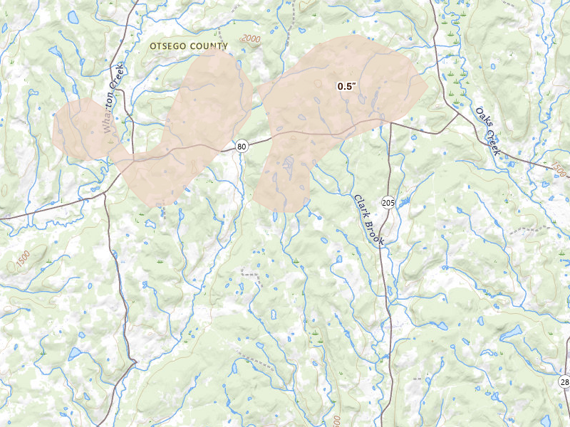 Radar-estimated hail-size map of the storm over Hartwick, NY on Jul 1, 2026