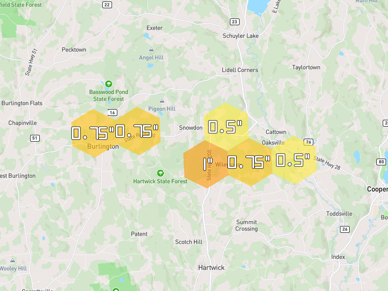 Hail map of Hartwick, NY on Jul 2, 2026, hail up to 1"