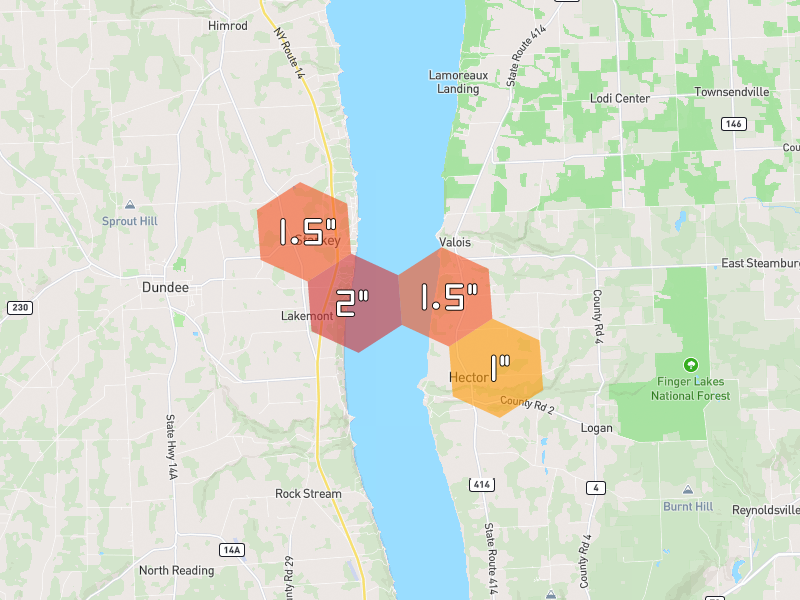 Hail map of Hector, NY on Jul 3, 2026, hail up to 2"