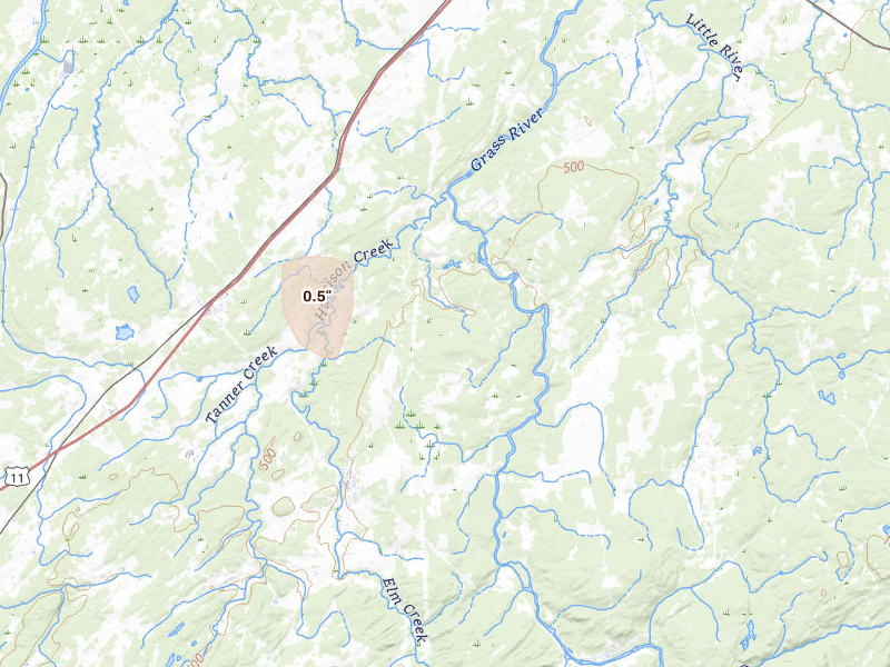 Radar-estimated hail-size map of the storm over Hermon, NY on Jan 29, 2026