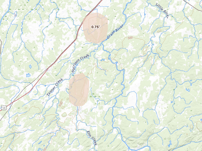 Radar-estimated hail-size map of the storm over Hermon, NY on Mar 3, 2026