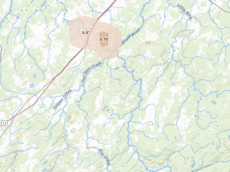 Radar-estimated hail-size map of the storm over Hermon, NY on Apr 6, 2026