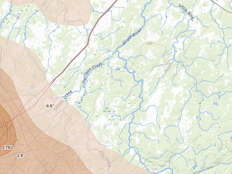 Radar-estimated hail-size map of the storm over Hermon, NY on Jul 14, 2026
