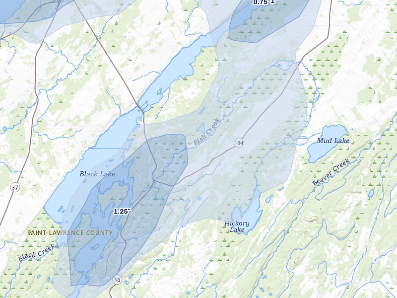 NEXRAD radar-signature map of the hail over Heuvelton, NY