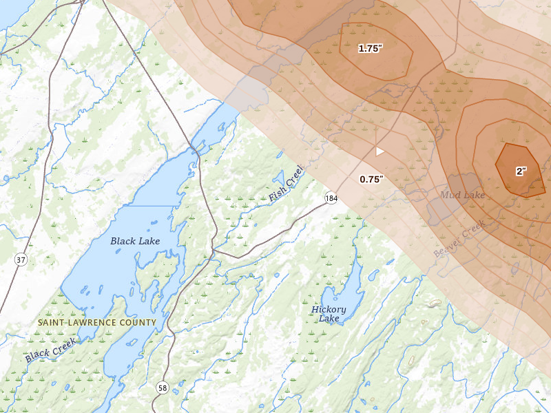 Radar-estimated hail-size map of the storm over Heuvelton, NY on Jul 14, 2026