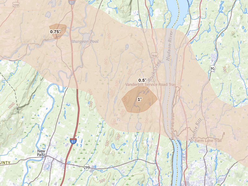 Radar-estimated hail-size map of the storm over Highland, NY on Jun 6, 2026
