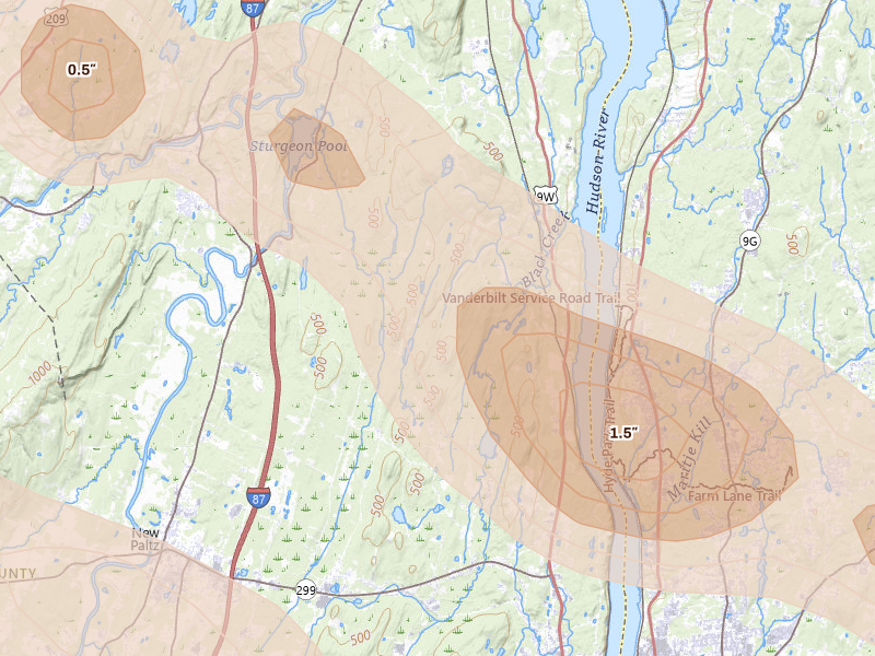 Radar-estimated hail-size map of the storm over Highland, NY on Jul 4, 2026