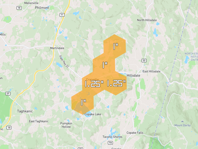 Hail map of Hillsdale, NY on Jul 28, 2026, hail up to 1.25"