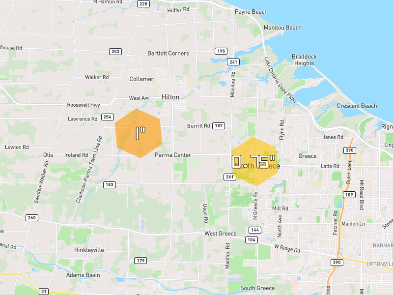 Hail map of Hilton, NY on Jul 1, 2026, hail up to 1"