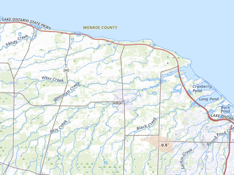 Radar-estimated hail-size map of the storm over Hilton, NY on Aug 12, 2026