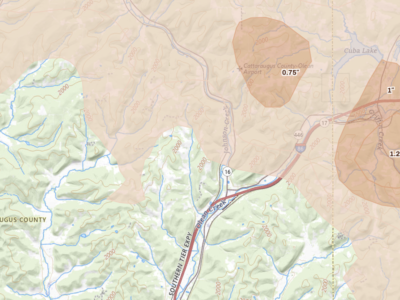 Radar-estimated hail-size map of the storm over Hinsdale, NY on Sep 2, 2026
