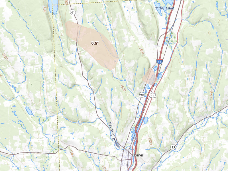 Radar-estimated hail-size map of the storm over Homer, NY on Jun 30, 2026