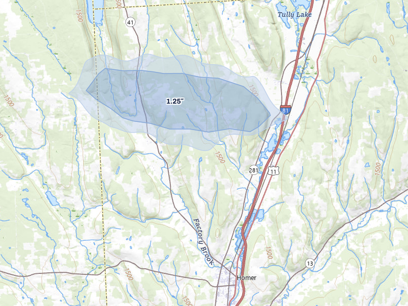 NEXRAD radar-signature map of the hail over Homer, NY